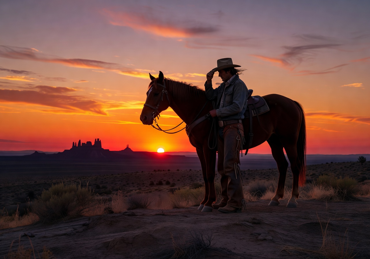 Silhouette of a cowboy and horse at a frontier sunset